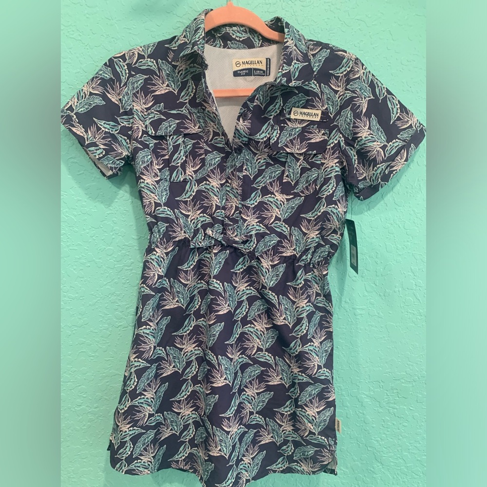 Magellan Outdoors Navy Leaf-Print Short Sleeve girls dress nwt L 12/14 fishing